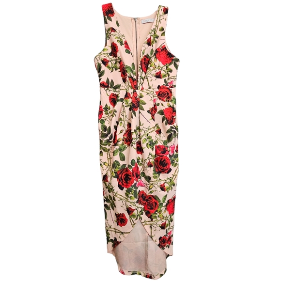 Nwot Ginger Fizz Sleeveless Plunging V Peach/Red Roses Asymmetrical Midi… - Picture 16 of 17
